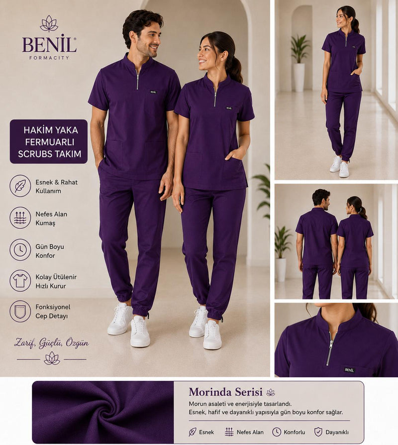 Mor Hakim Yaka Fermuarlı Likralı Scrubs Takım