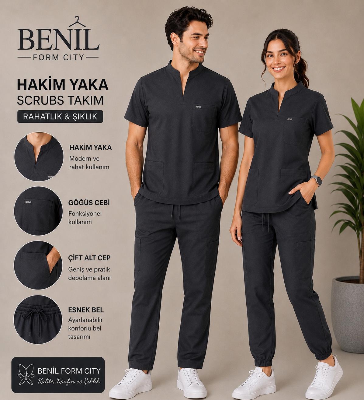 Antrasit Hakim Yaka Likralı Scrubs Takım