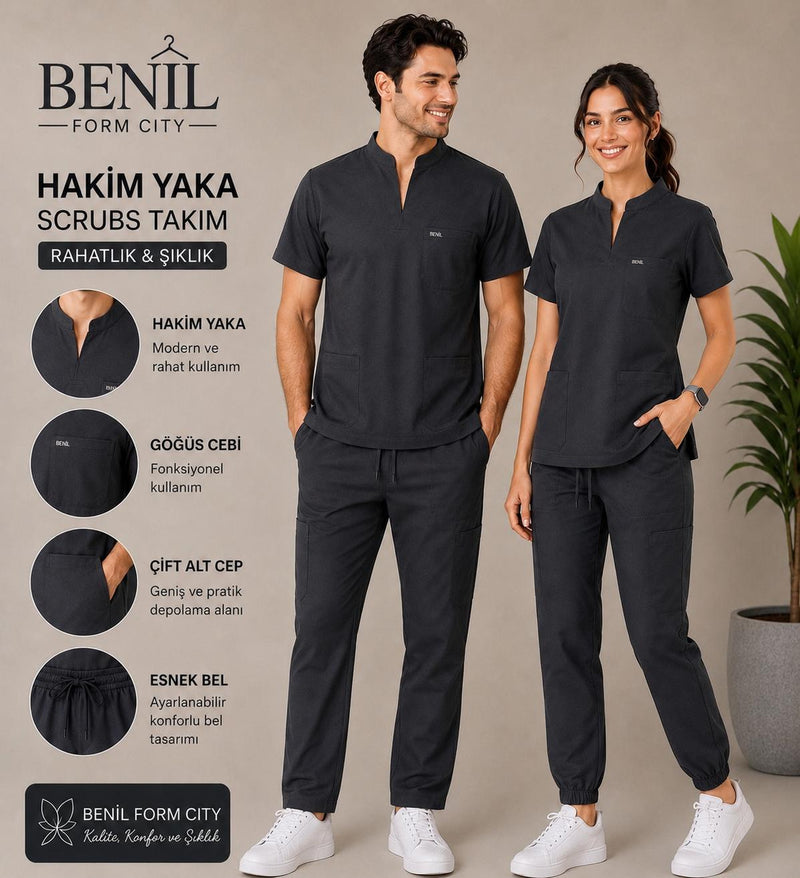 Antrasit Hakim Yaka Likralı Scrubs Takım