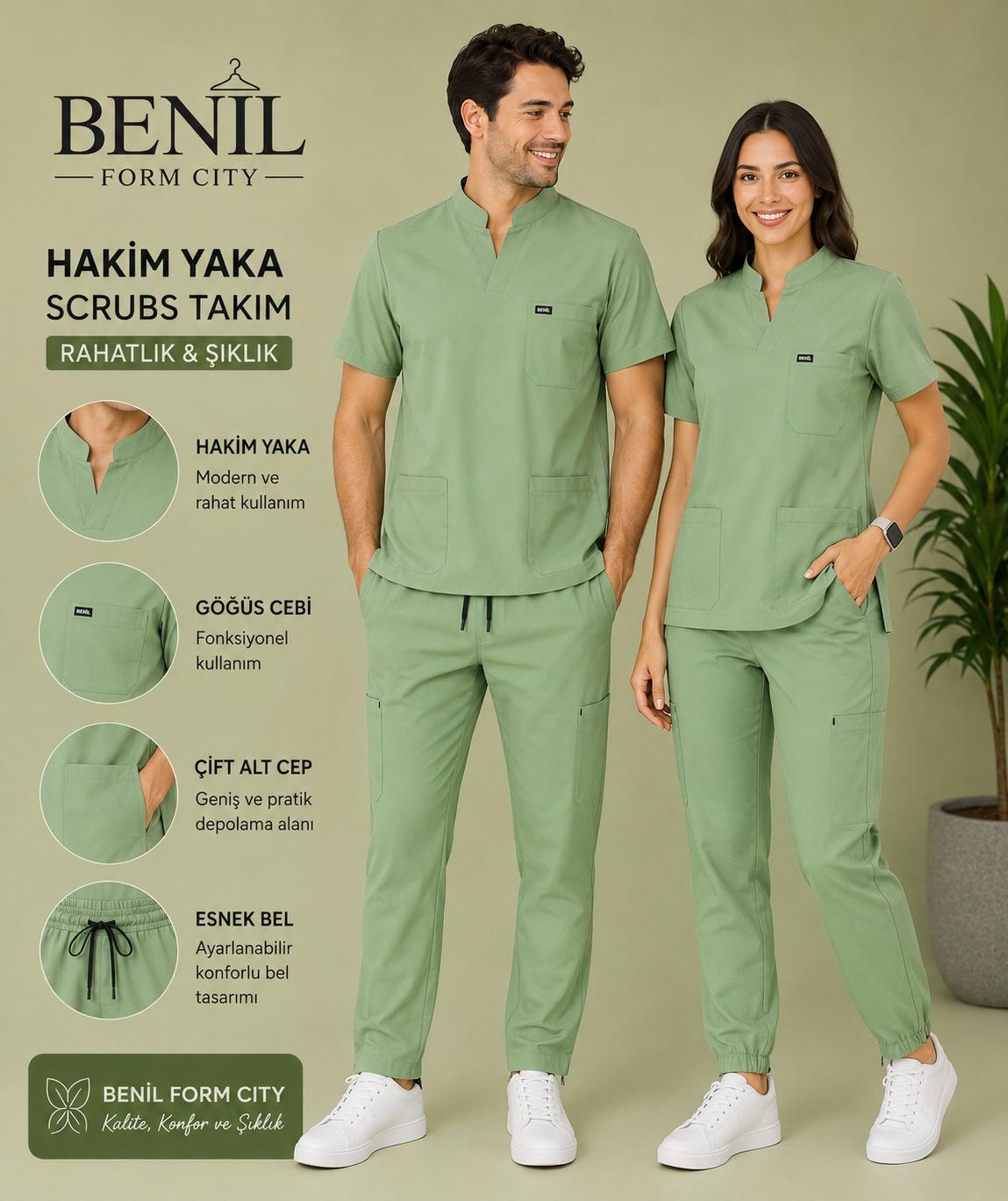 Çağla Yeşili Hakim Yaka Likralı Scrubs Takım