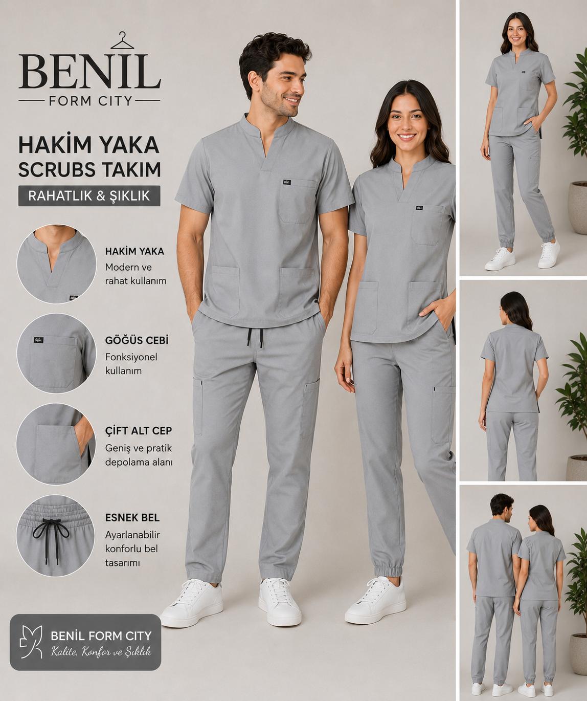 Gri Hakim Yaka Likralı Scrubs Takım