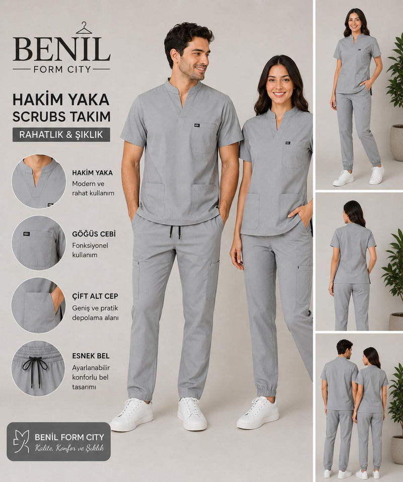 Gri Hakim Yaka Likralı Scrubs Takım