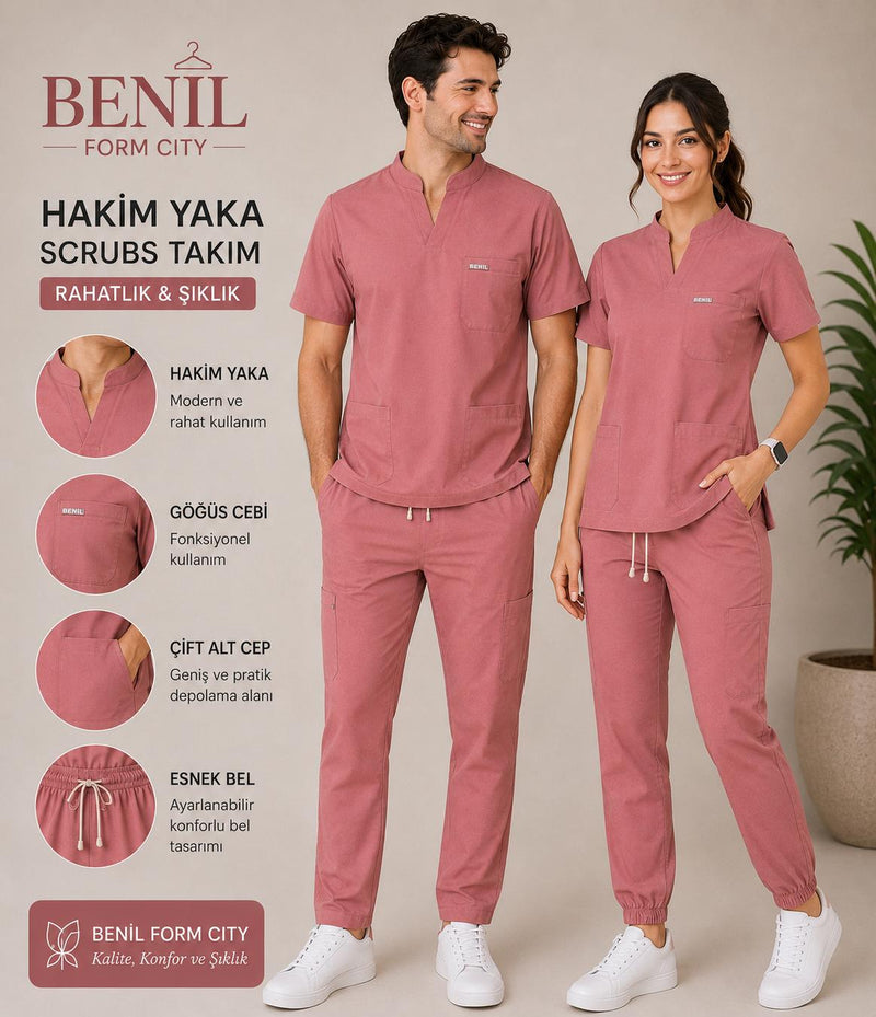 Gül Kurusu Hakim Yaka Likralı Scrubs Takım