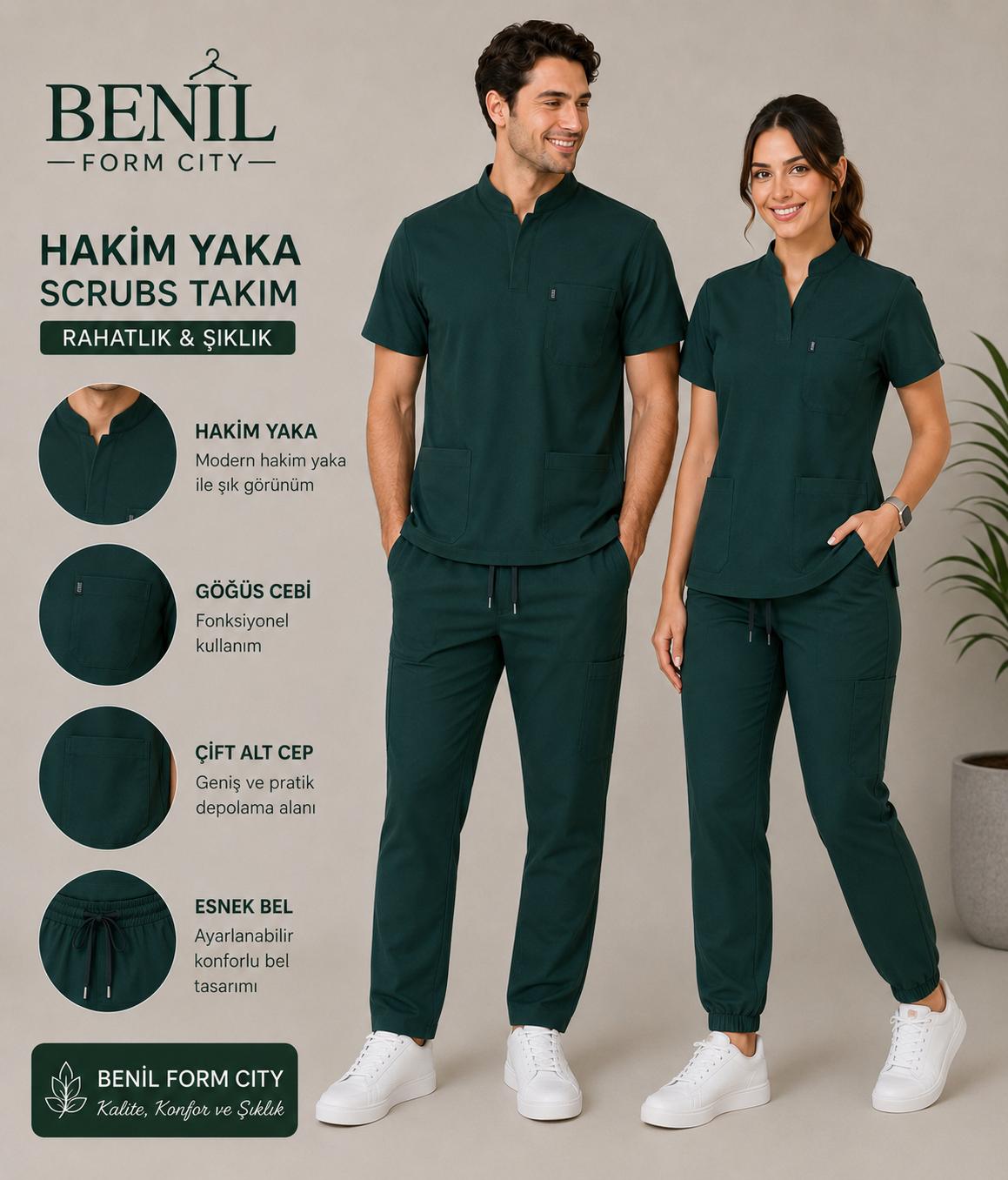 Koyu Yeşil Hakim Yaka Likralı Scrubs Takım