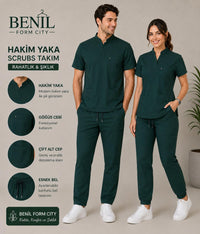 Koyu Yeşil Hakim Yaka Likralı Scrubs Takım