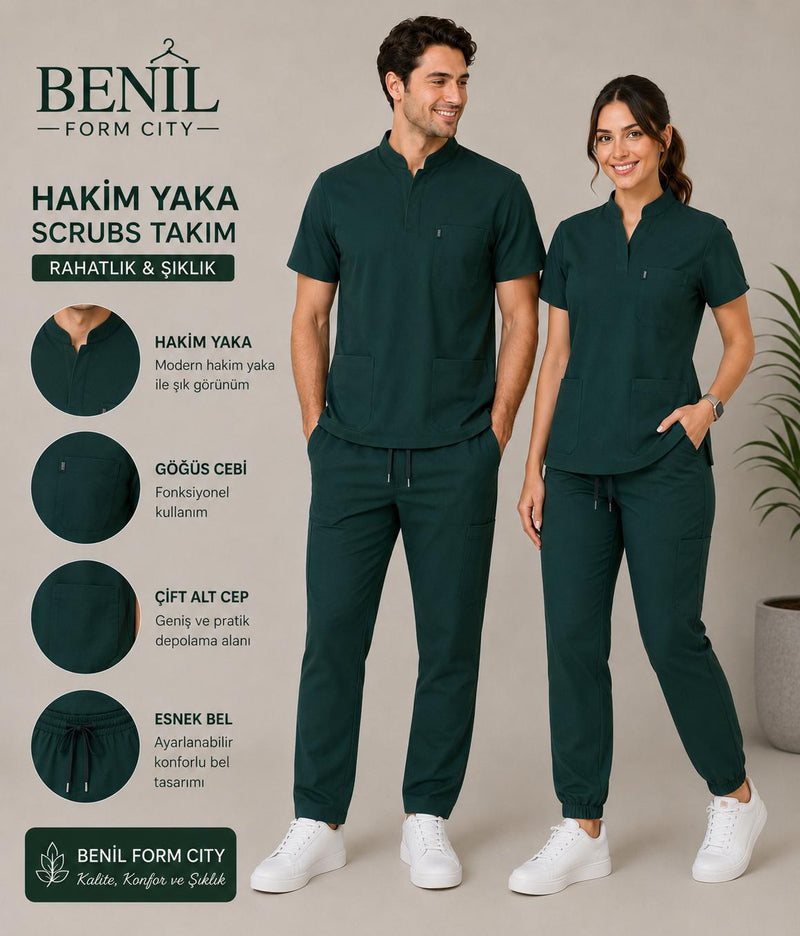 Koyu Yeşil Hakim Yaka Likralı Scrubs Takım