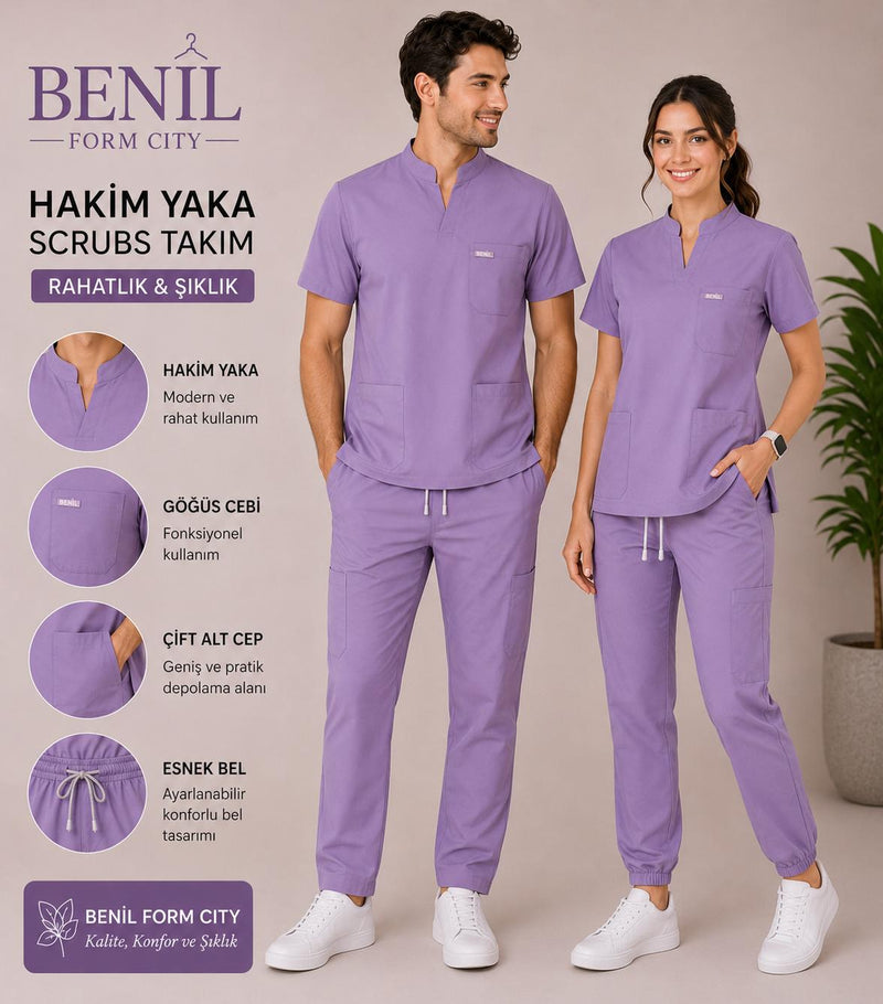 Lila Hakim Yaka Likralı Scrubs Takım