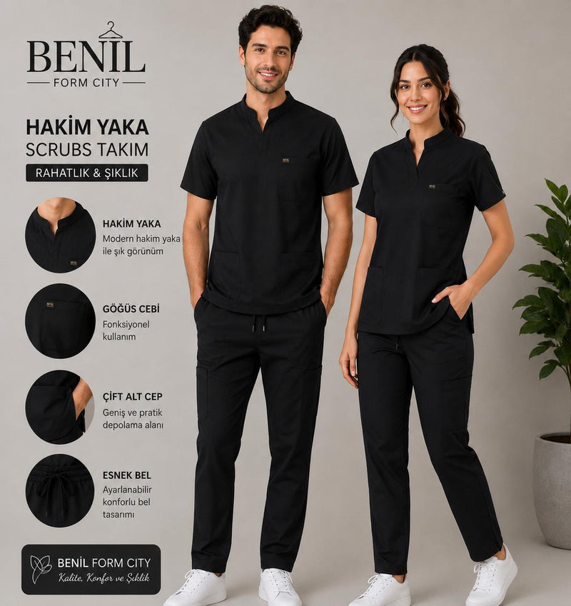 Siyah Hakim Yaka Likralı Scrubs Takım