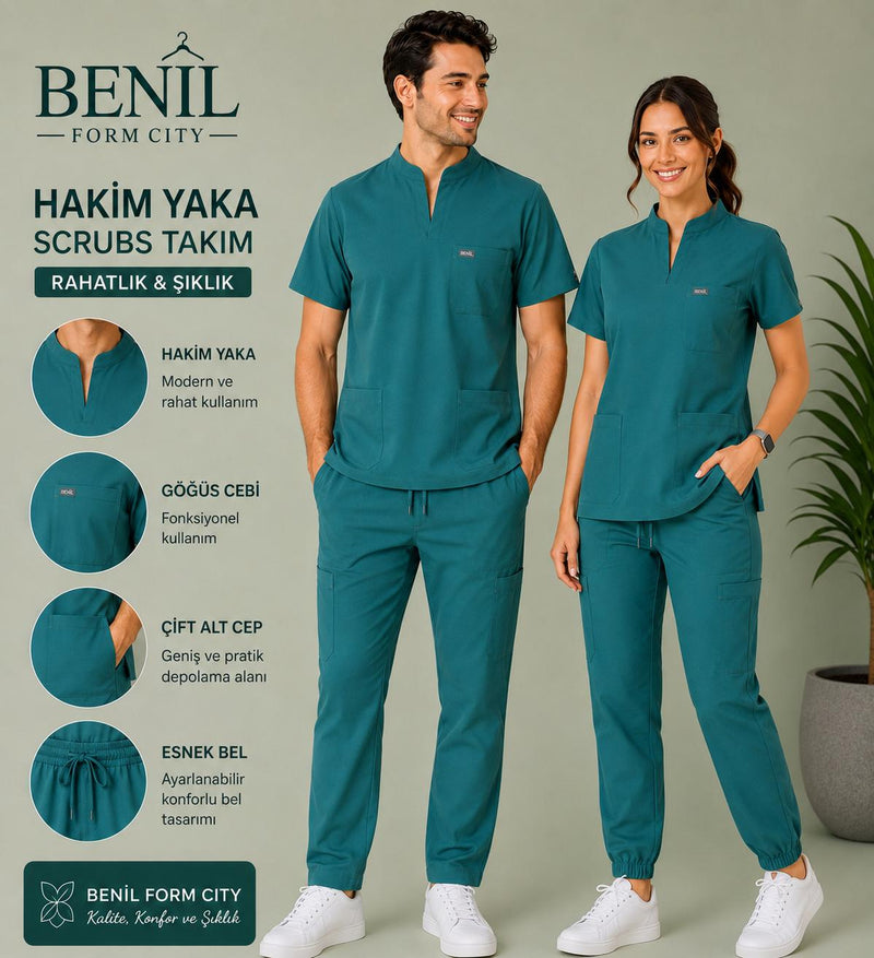 Zümrüt Hakim Yaka Likralı Scrubs Takım
