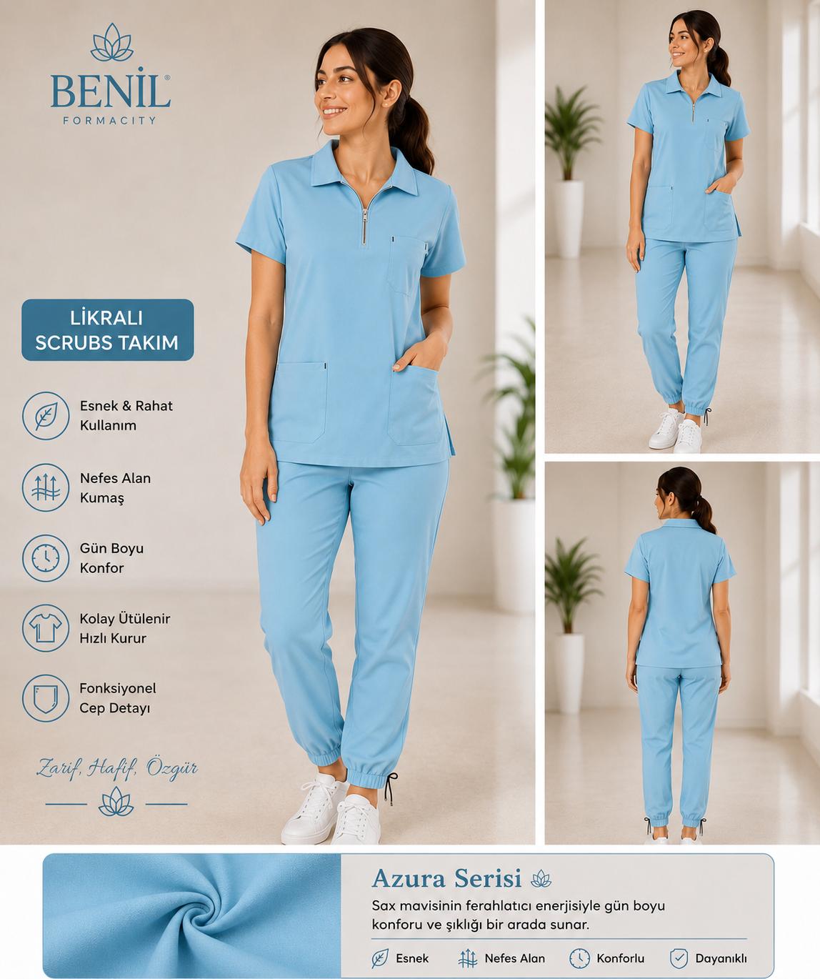 Azura Mavi Polo Yaka Fermuarlı Likralı Scrubs Takım