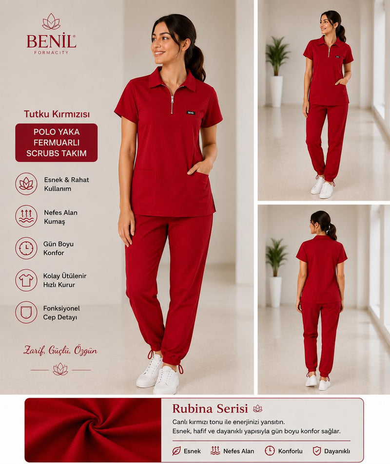 Bordo Polo Yaka Fermuarlı Likralı Scrubs Takım