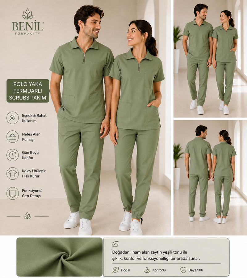Çağla Yeşili Polo Yaka Fermuarlı Likralı Scrubs Takım