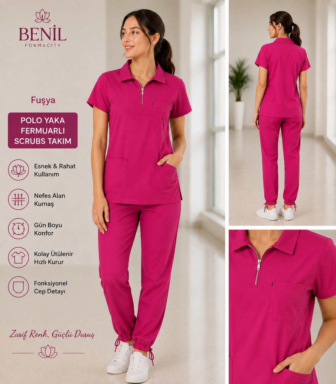 Fusya Polo Yaka Fermuarlı Likralı Scrubs Takım
