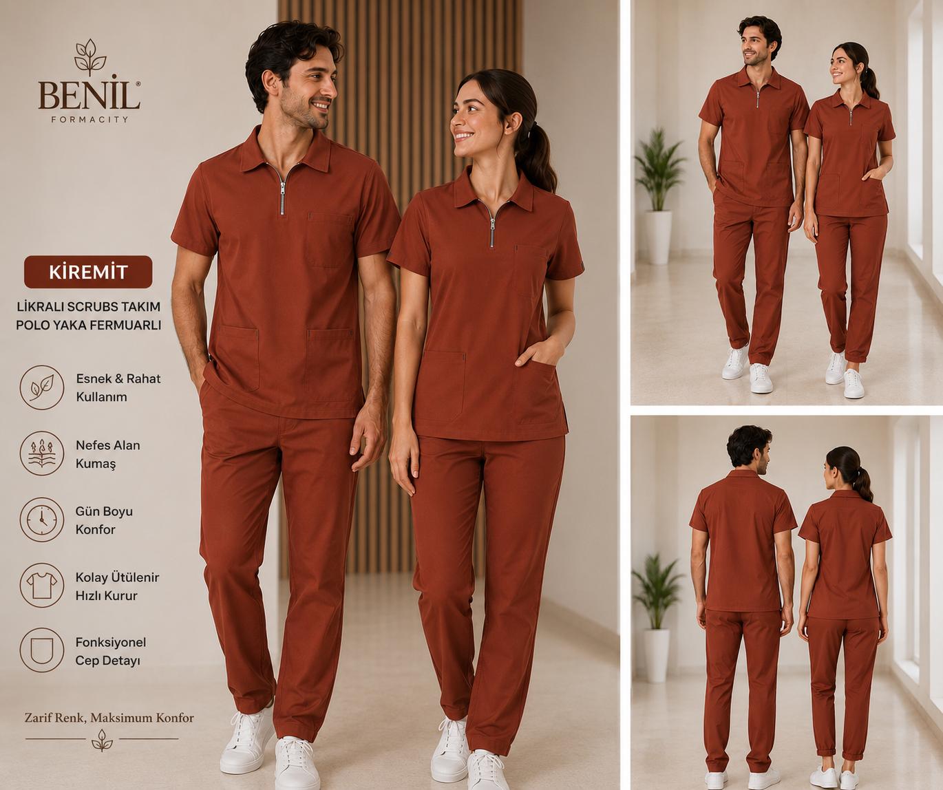 Kiremit Polo Yaka Fermuarlı Likralı Scrubs Takım