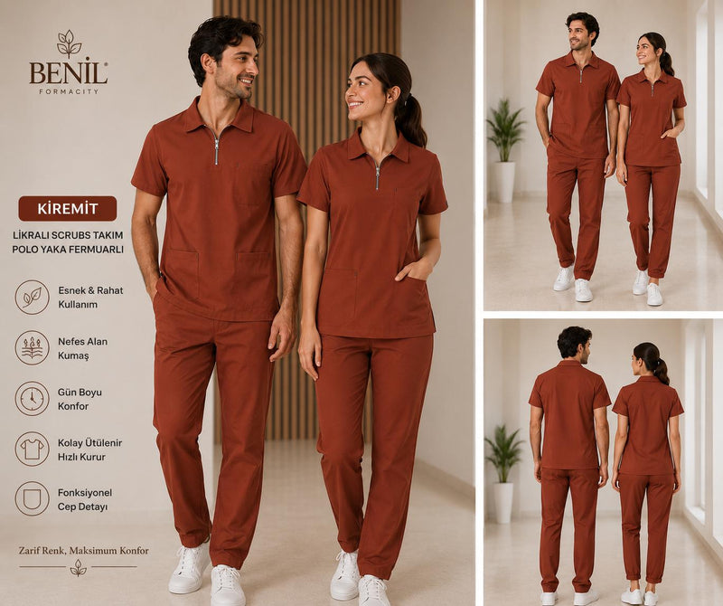 Kiremit Polo Yaka Fermuarlı Likralı Scrubs Takım