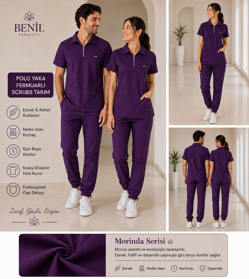 Mor Polo Yaka Fermuarlı Likralı Scrubs Takım