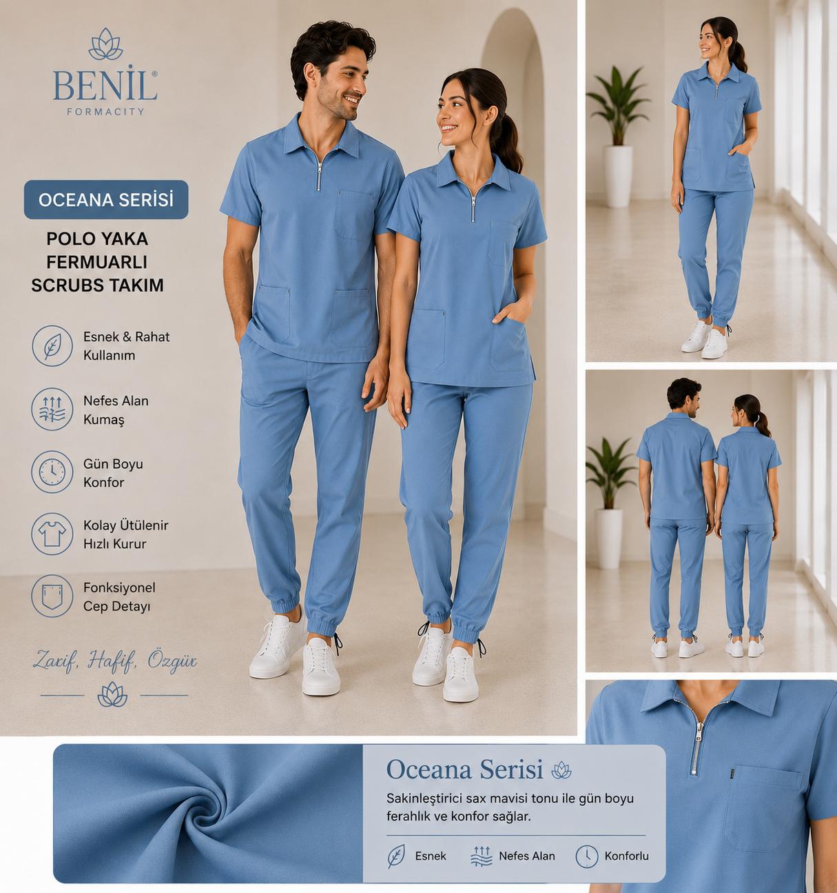 Oceana Mavi Polo Yaka Fermuarlı Likralı Scrubs Takım