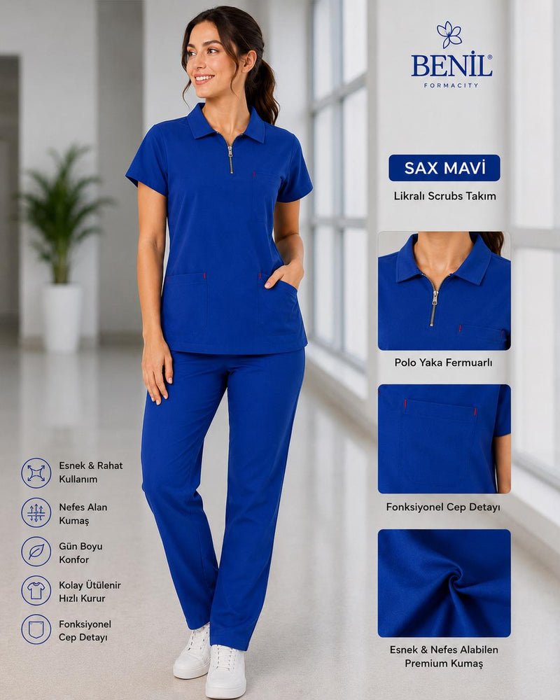 Sax Mavi Polo Yaka Fermuarlı Likralı Scrubs Takım