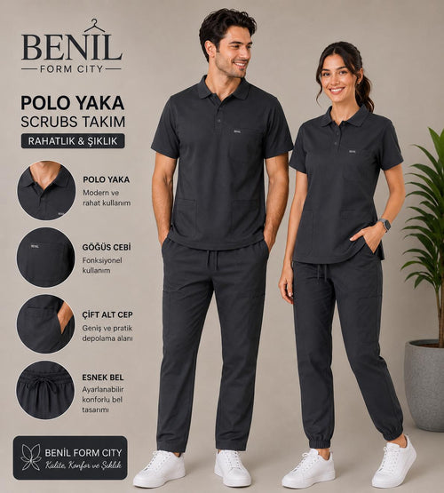 Antrasit Polo Yaka Likralı Scrubs Takım