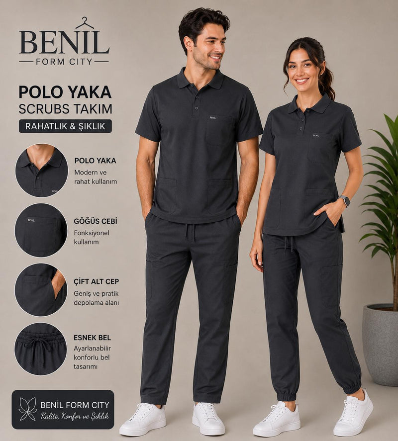 Antrasit Polo Yaka Likralı Scrubs Takım