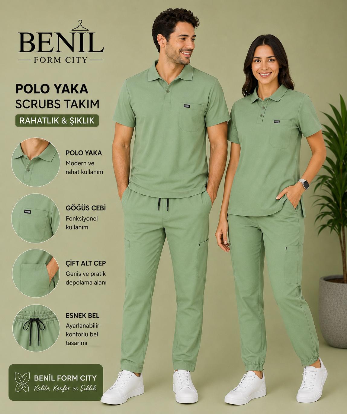 Koyu Yeşil Polo Yaka Likralı Scrubs Takım