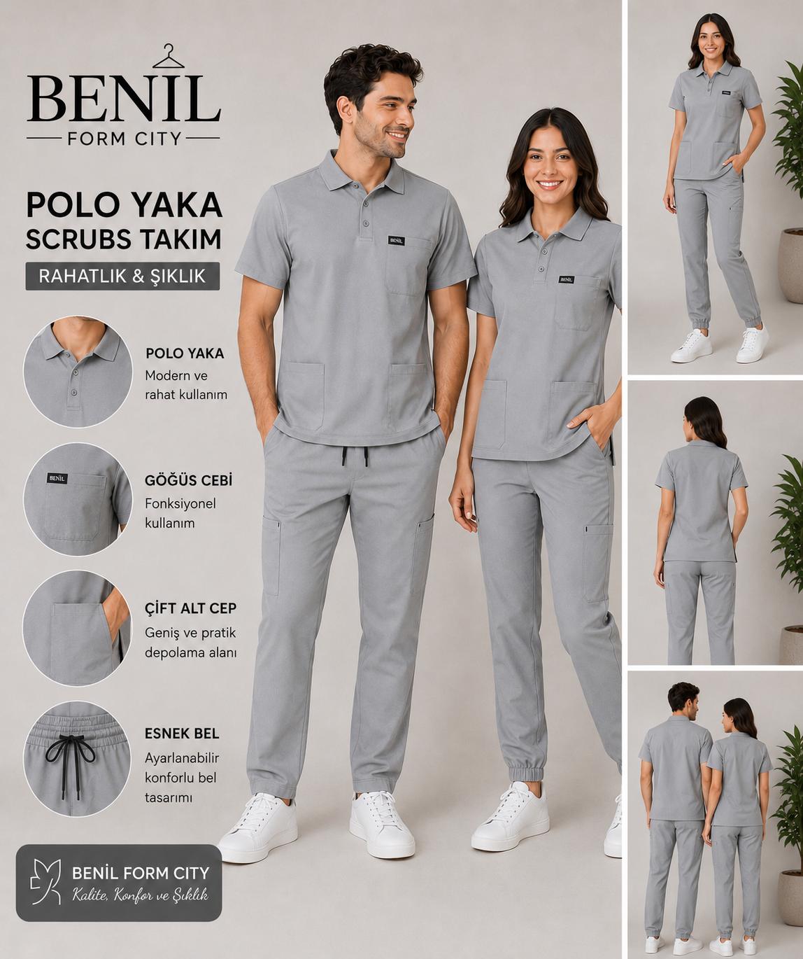 Gri Polo Yaka Likralı Scrubs Takım