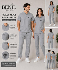 Gri Polo Yaka Likralı Scrubs Takım