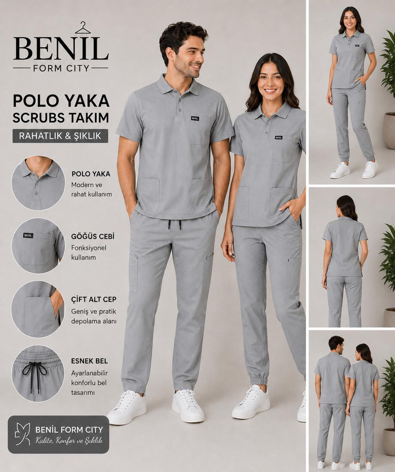 Gri Polo Yaka Likralı Scrubs Takım