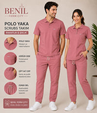 Gül Kurusu Polo Yaka Likralı Scrubs Takım