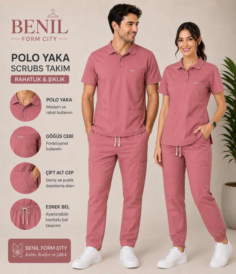 Gül Kurusu Polo Yaka Likralı Scrubs Takım