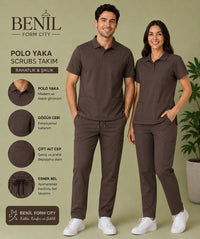 Kahve Polo Yaka Likralı Scrubs Takım
