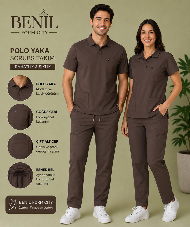 Kahve Polo Yaka Likralı Scrubs Takım
