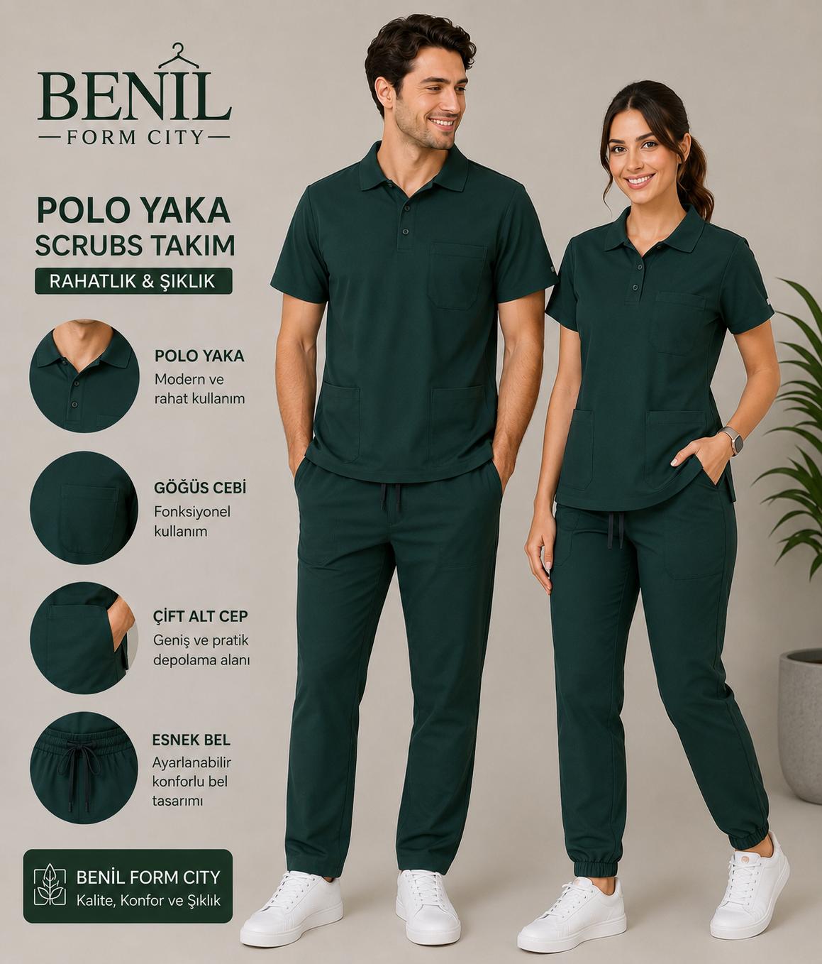 Koyu Yeşil Polo Yaka Likralı Scrubs Takım