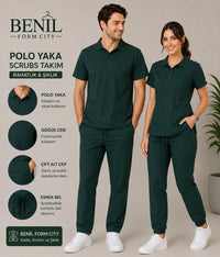 Koyu Yeşil Polo Yaka Likralı Scrubs Takım