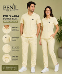 Krem Polo Yaka Likralı Scrubs Takım