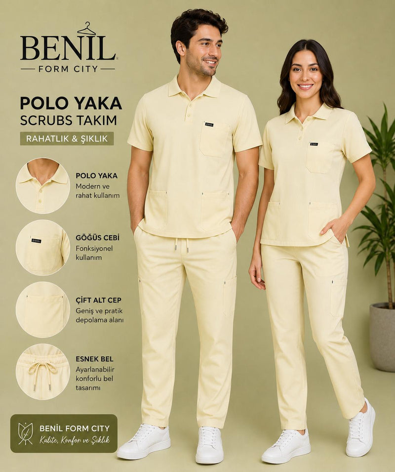 Krem Polo Yaka Likralı Scrubs Takım