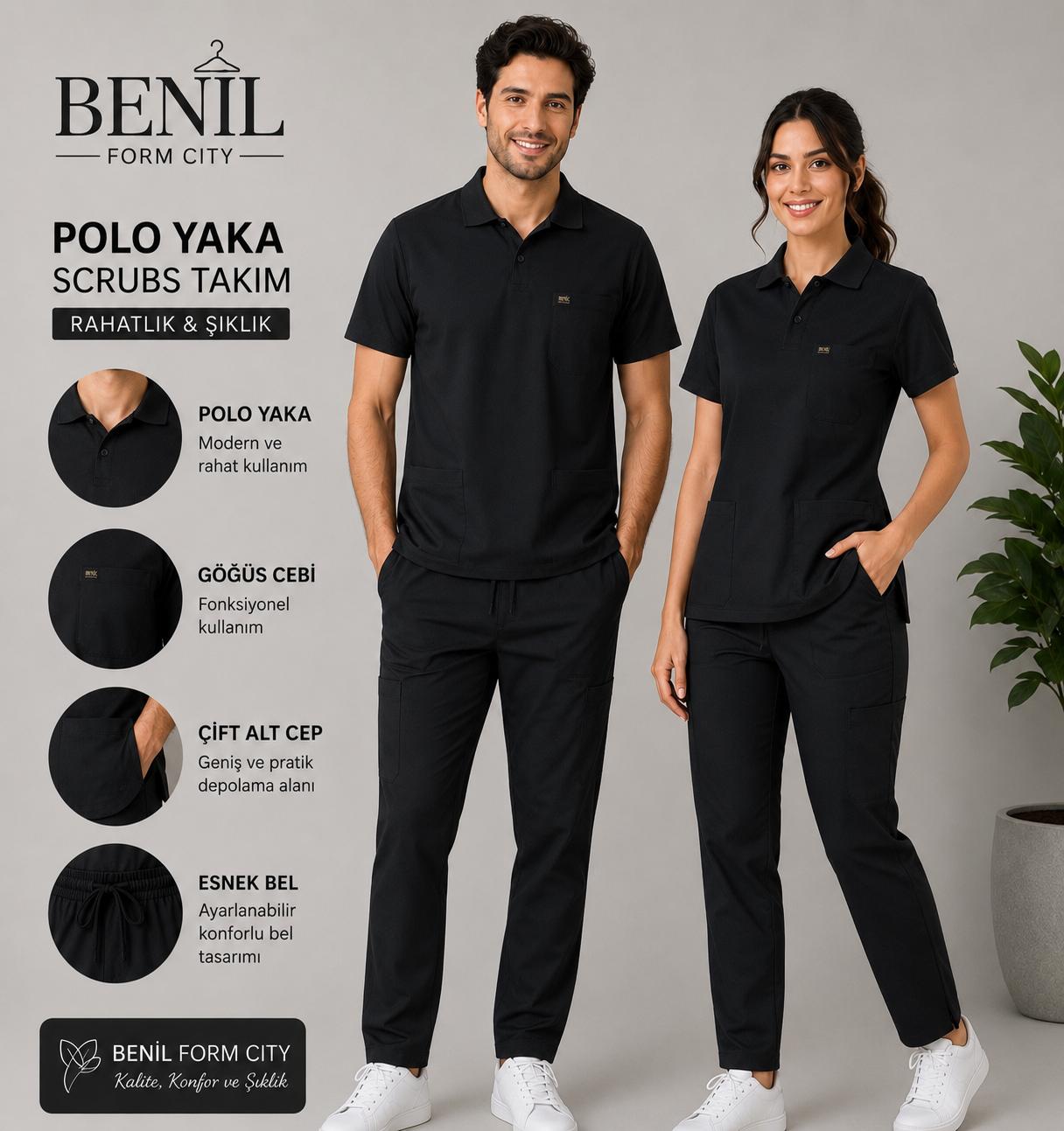 Siyah Polo Yaka Likralı Scrubs Takım