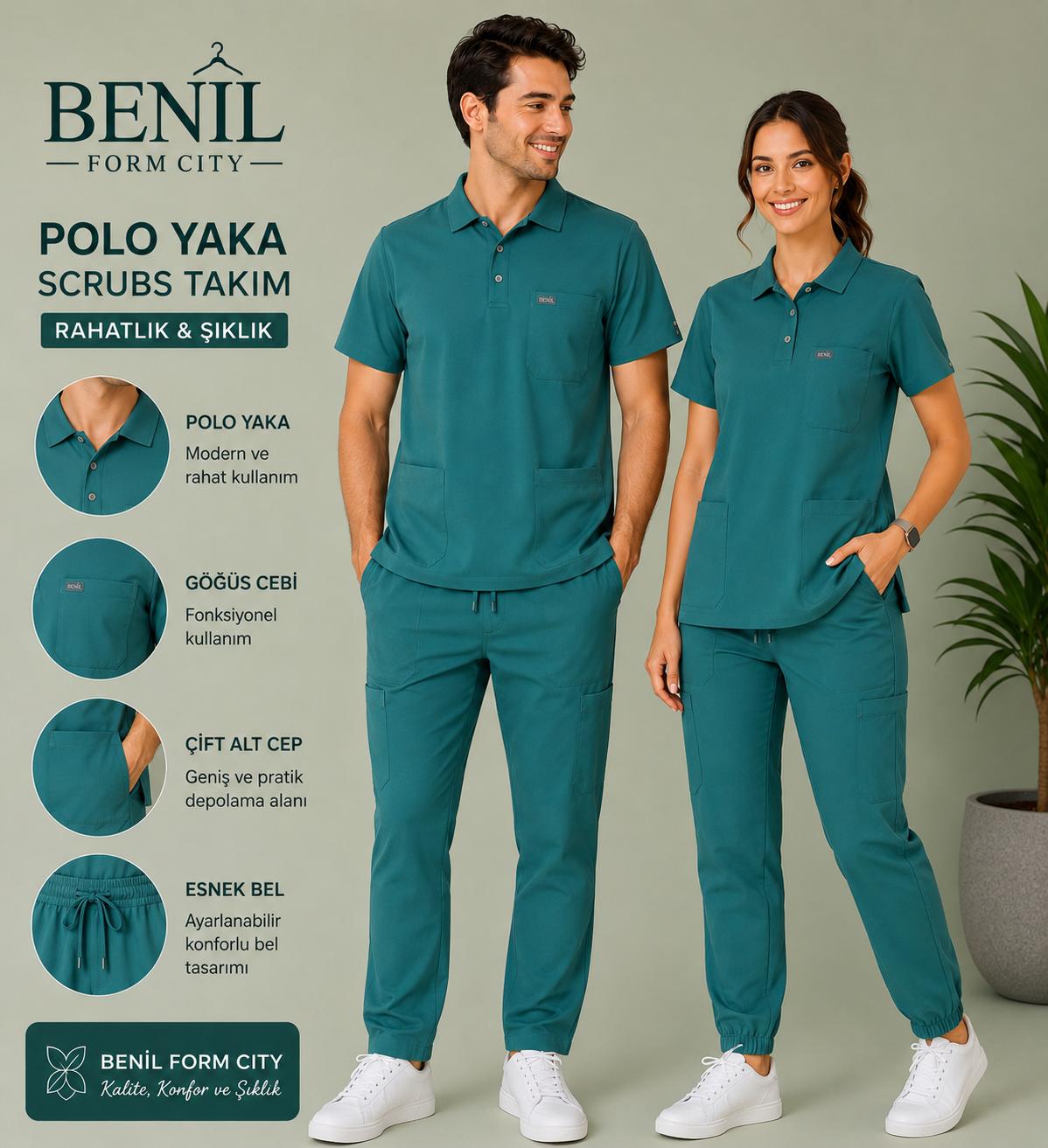Zümrüt Polo Yaka Likralı Scrubs Takım