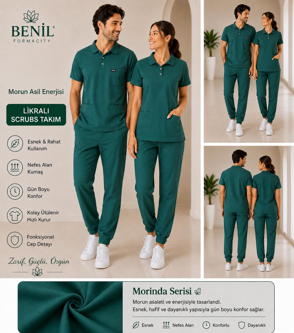 Zümrüt Polo Yaka Likralı Scrubs Takım