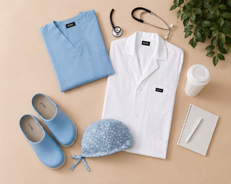 Bebe Mavi Sağlık Seti (Scrubs + Önlük + Terlik + Bone)
