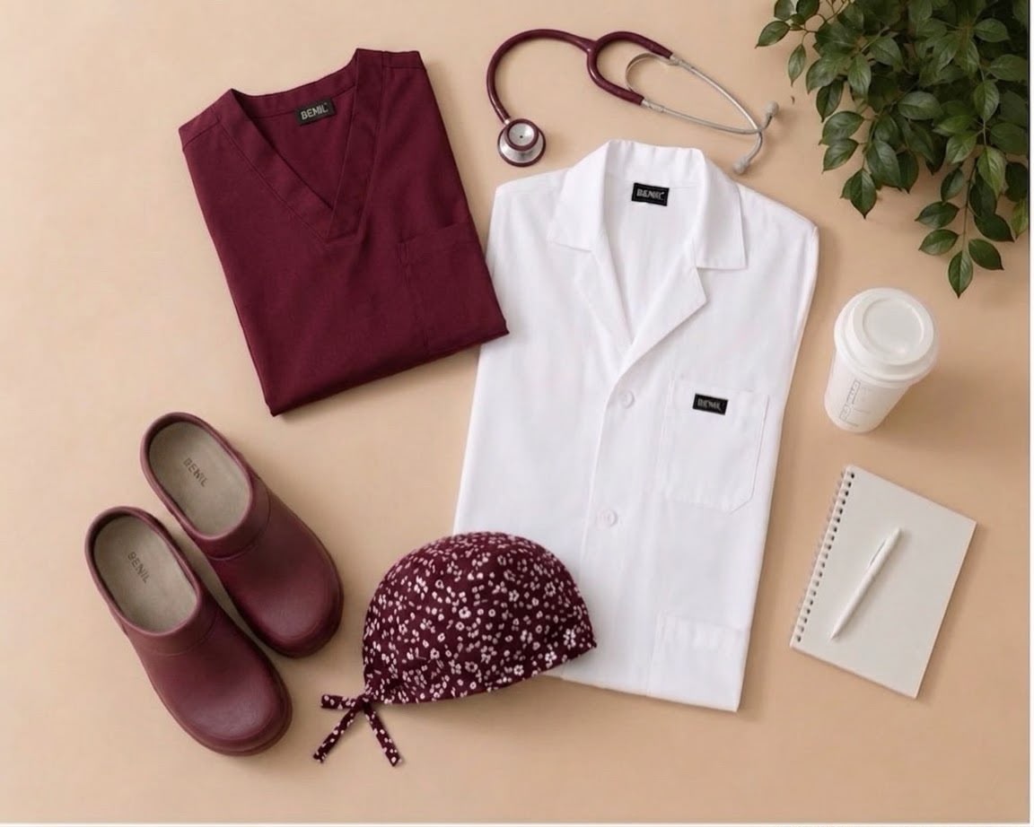 Bordo Sağlık Seti (Scrubs + Önlük + Terlik + Bone)