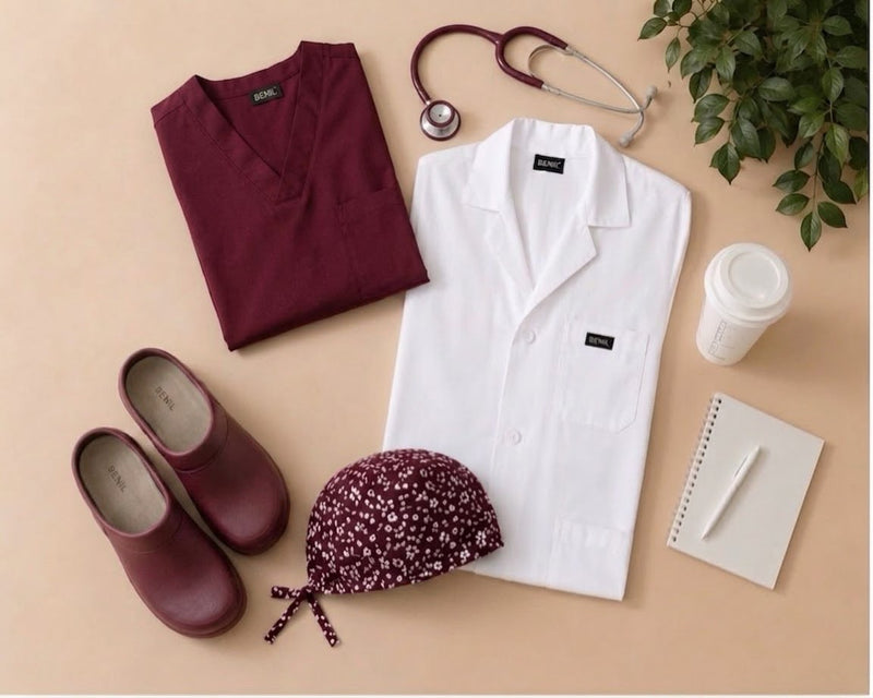 Bordo Sağlık Seti (Scrubs + Önlük + Terlik + Bone)