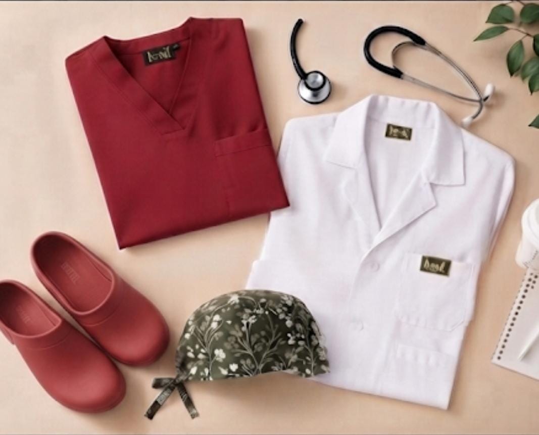Bordo Sağlık Seti (Scrubs + Önlük + Terlik + Bone)