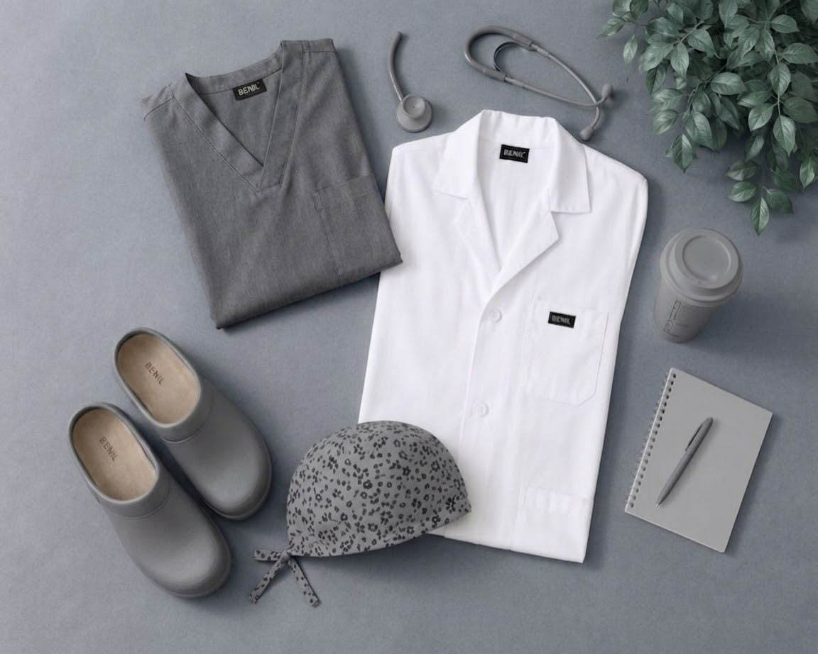 Gri Sağlık Seti (Scrubs + Önlük + Terlik + Bone)
