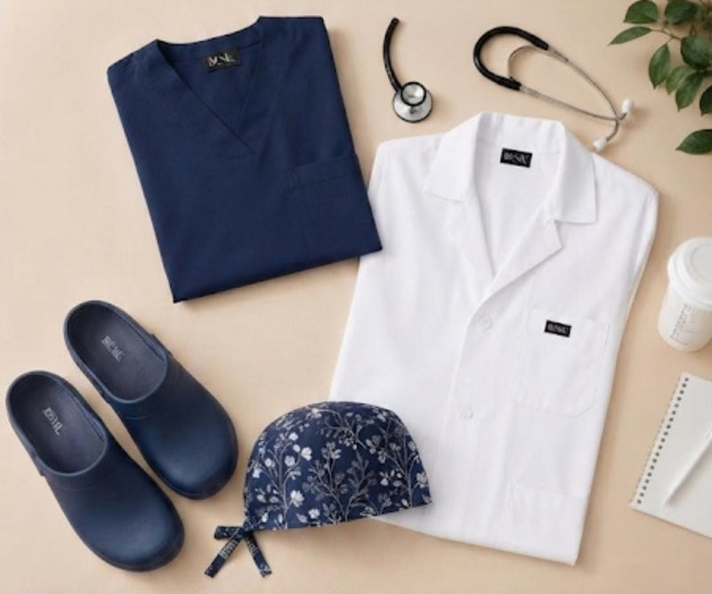 Lacivert Sağlık Seti (Scrubs + Önlük + Terlik + Bone)