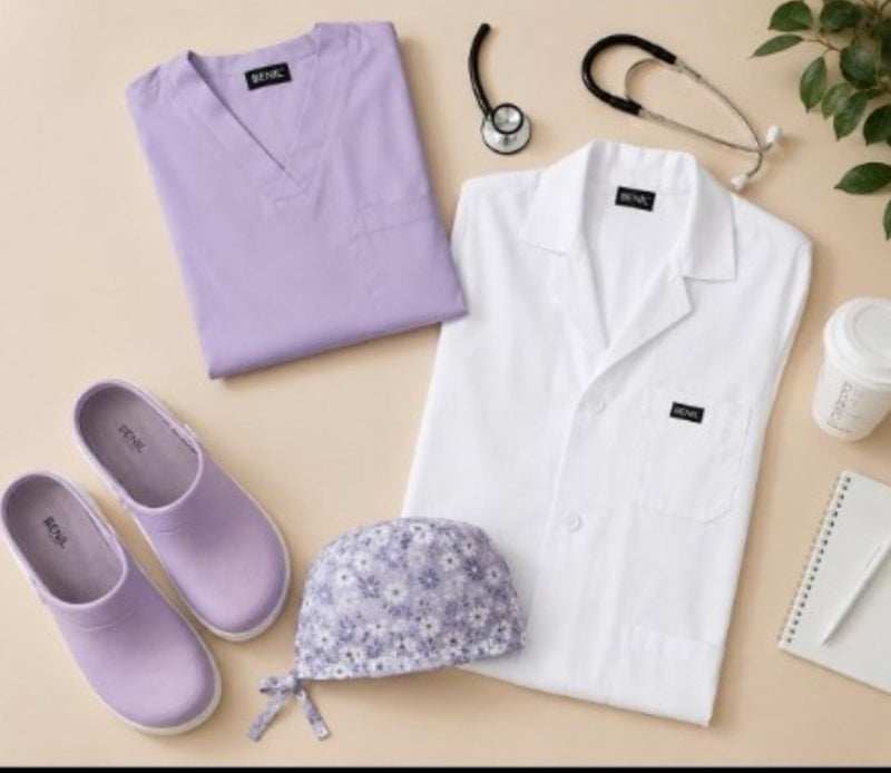 Lila Sağlık Seti (Scrubs + Önlük + Terlik + Bone)