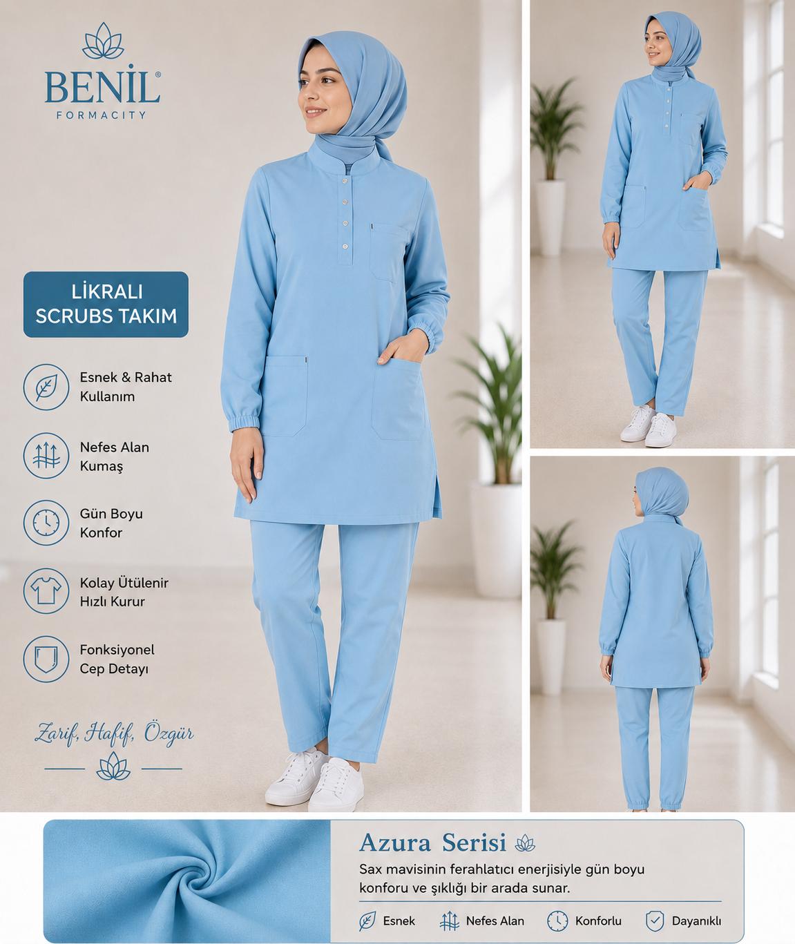 Azura Mavi Hakim Yaka Çıtçıtlı Tesettür Scrubs Takım