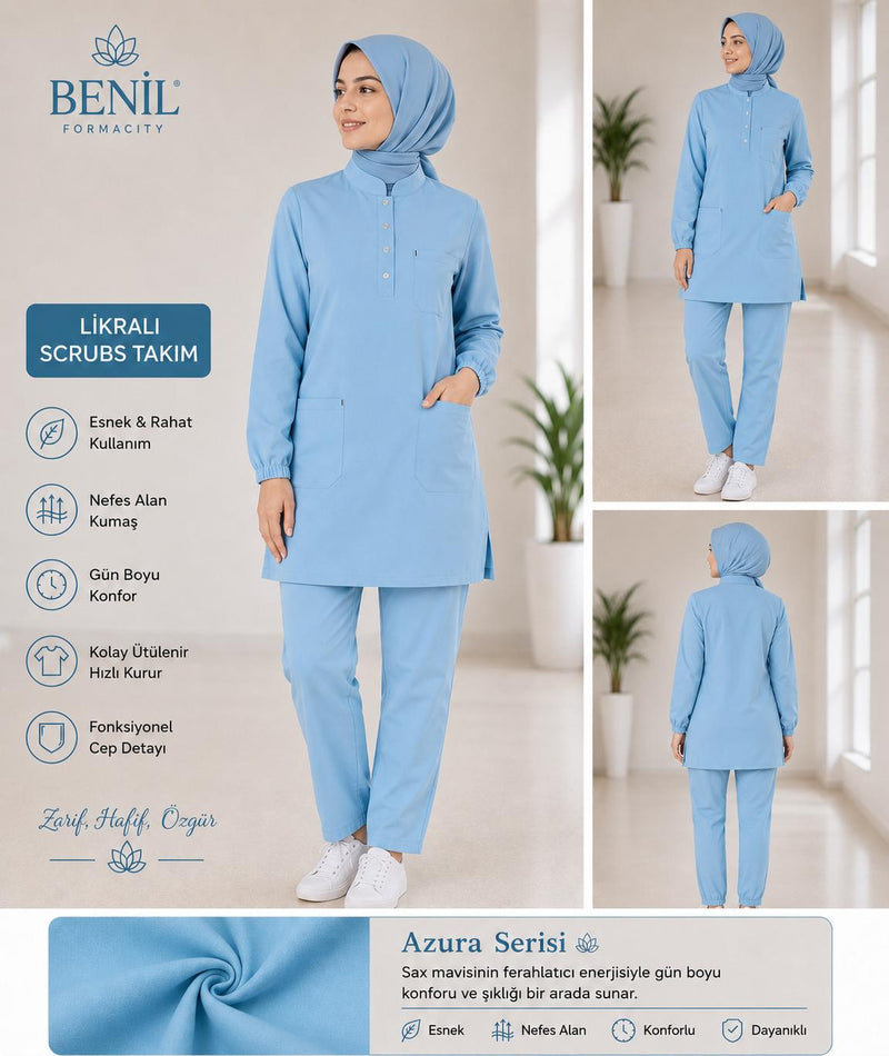 Azura Mavi Hakim Yaka Çıtçıtlı Tesettür Scrubs Takım