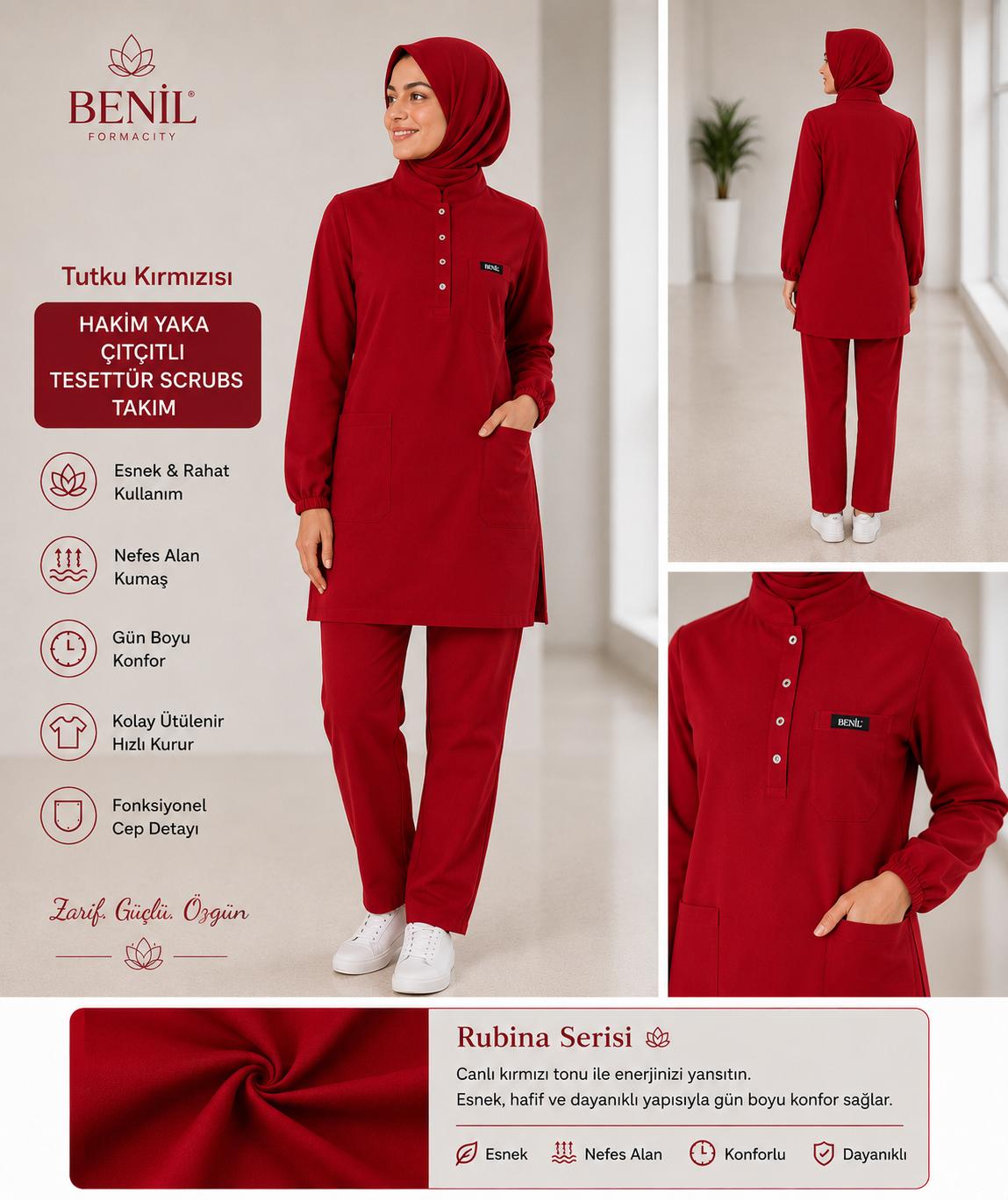 Bordo Hakim Yaka Çıtçıtlı Tesettür Scrubs Takım