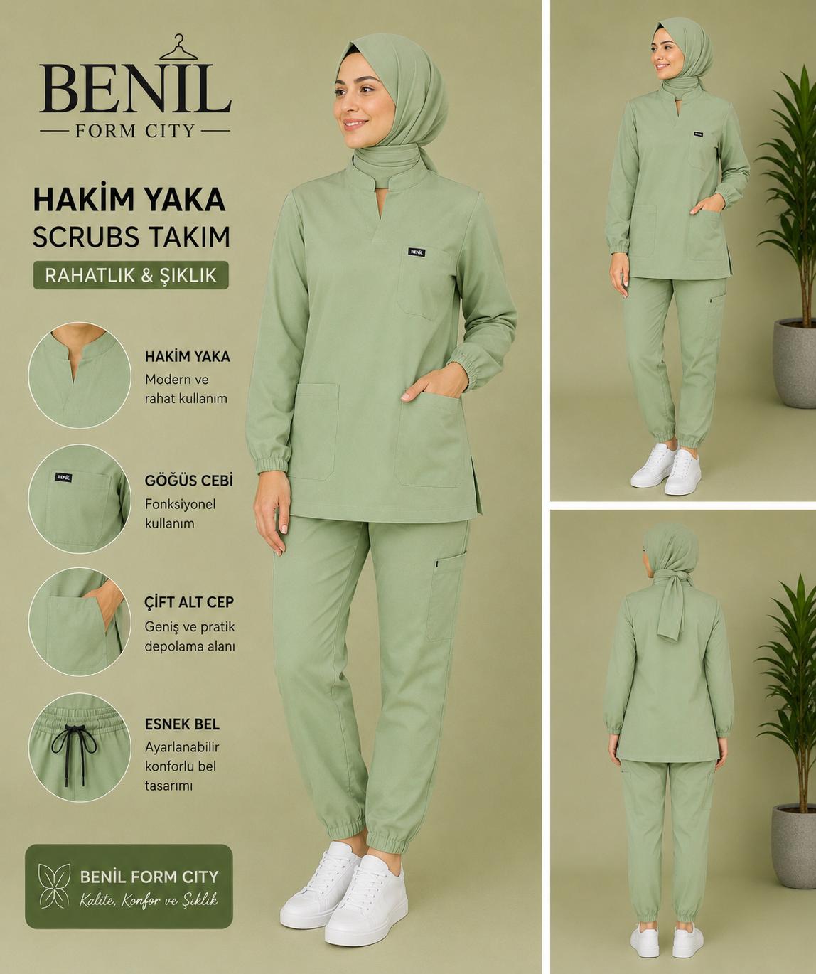 Çağla Yeşili Hakim Yaka Çıtçıtlı Tesettür Scrubs Takım